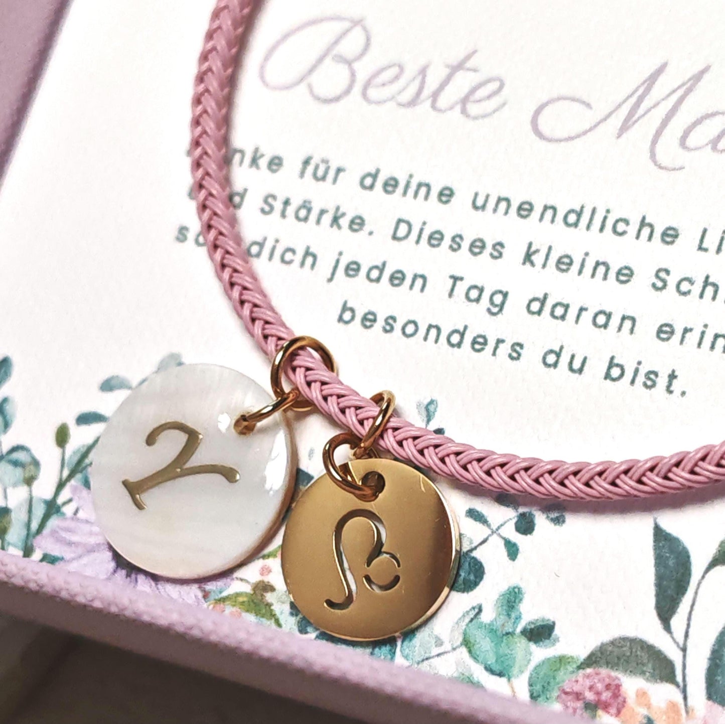Personalisiertes Armband mit Muschel-Buchstaben & Sternzeichen ODER Geburtsstein
